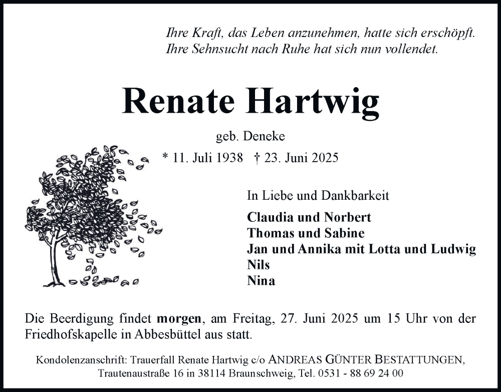  Traueranzeige für Renate Hartwig vom 26.06.2025 aus Braunschweiger Zeitung