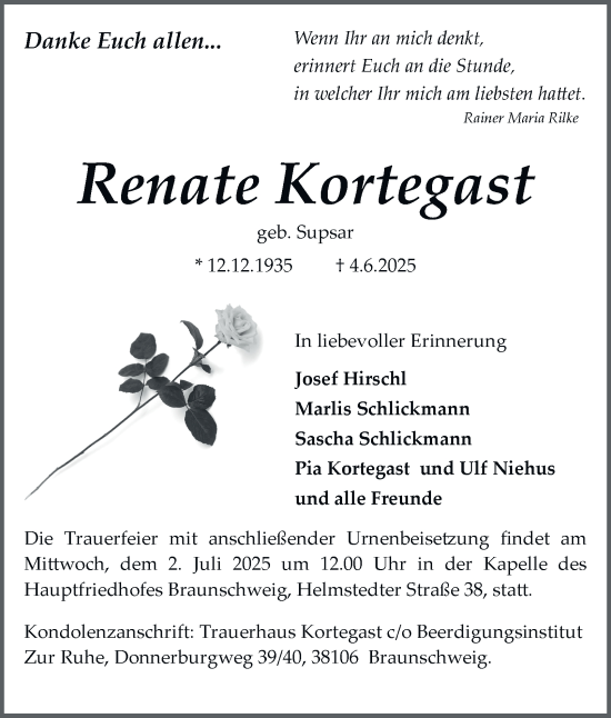 Traueranzeige von Renate Kortegast von Braunschweiger Zeitung