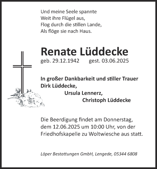 Traueranzeige von Renate Lüddecke von Peiner Nachrichten