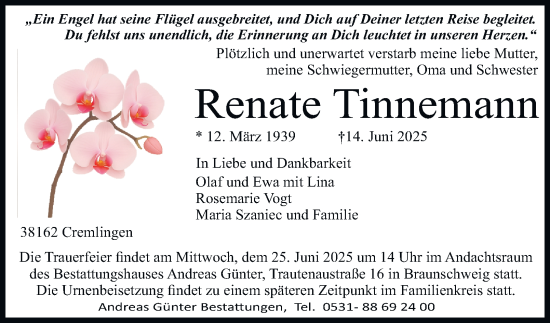 Traueranzeige von Renate Tinnemann von Braunschweiger Zeitung