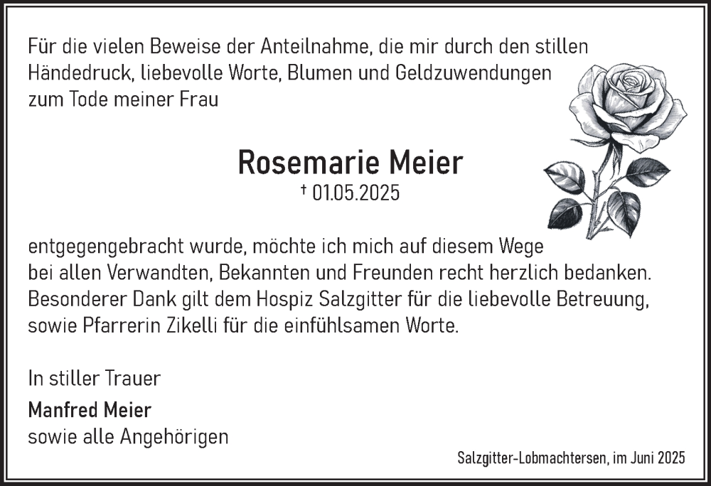  Traueranzeige für Rosemarie Meier vom 21.06.2025 aus Salzgitter-Zeitung