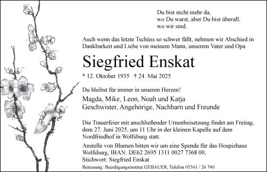 Traueranzeige von Siegfried Enskat 