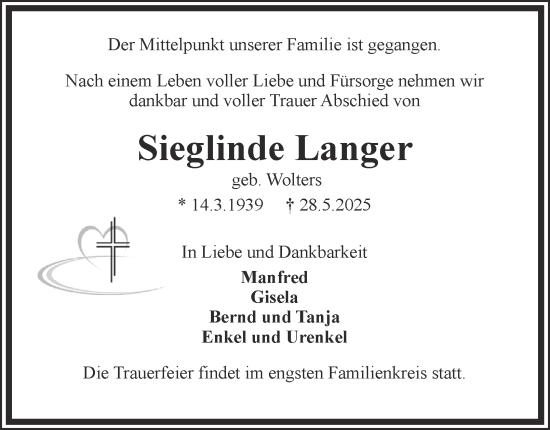 Traueranzeige von Sieglinde Langer von Peiner Nachrichten