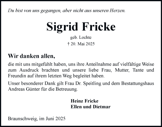 Traueranzeige von Sigrid Fricke 