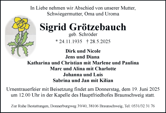 Traueranzeige von Sigrid Grötzebauch 