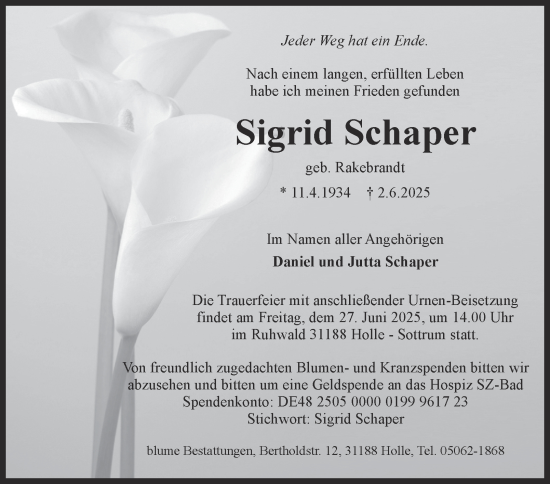 Traueranzeige von Sigrid Schaper von Salzgitter-Zeitung