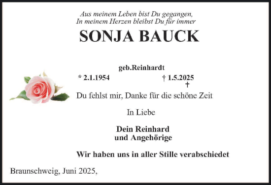Traueranzeige von Sonja Bauck von Neue Braunschweiger am Samstag
