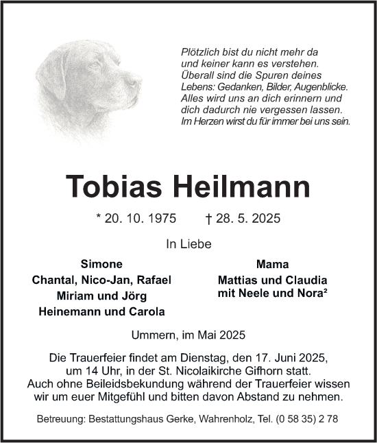 Traueranzeige von Tobias Heilmann 