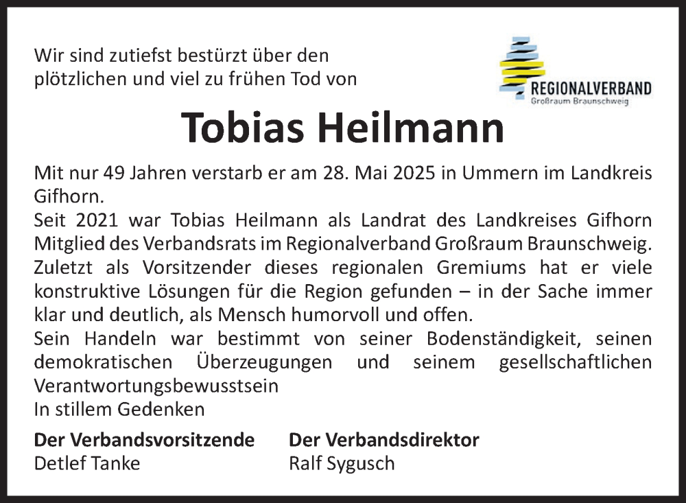  Traueranzeige für Tobias Heilmann vom 12.06.2025 aus Salzgitter-Zeitung