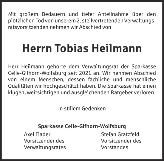 Traueranzeige von Tobias Heilmann 