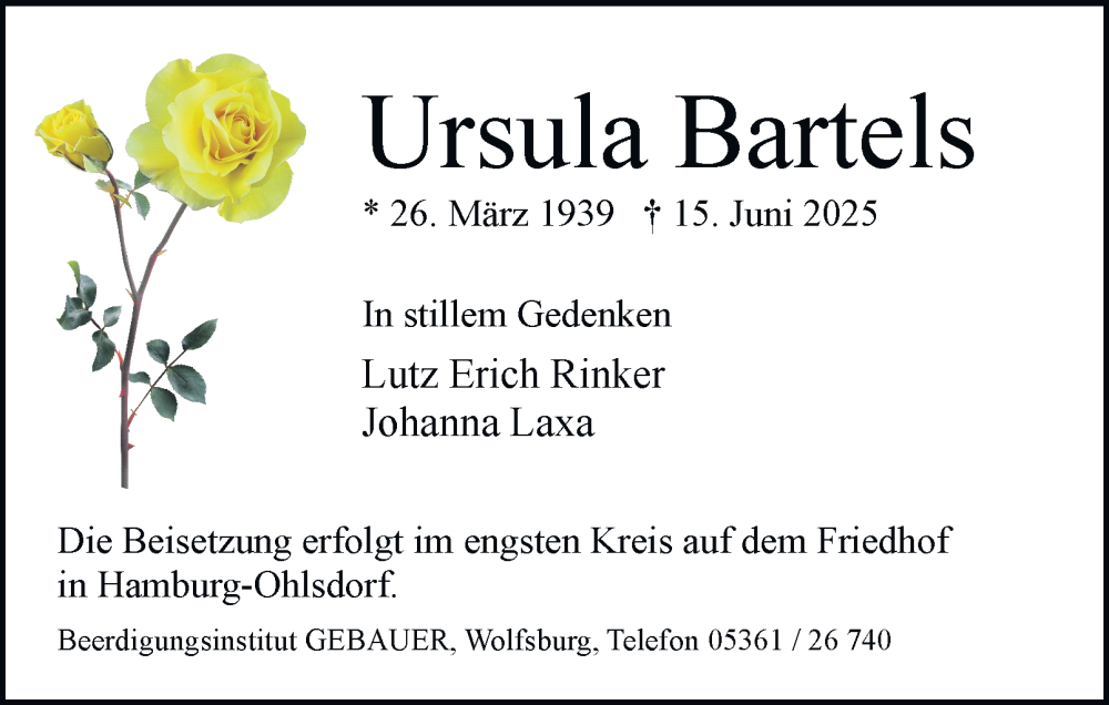  Traueranzeige für Ursula Bartels vom 21.06.2025 aus Braunschweiger Zeitung, Wolfsburger Nachrichten