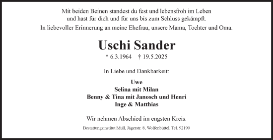 Traueranzeige von Uschi Sander 