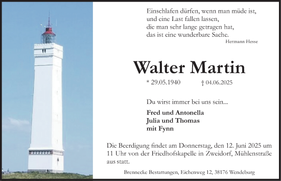 Traueranzeige von Walter Martin von Peiner Nachrichten