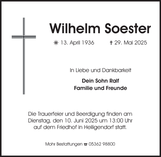 Traueranzeige von Wilhelm Soester 