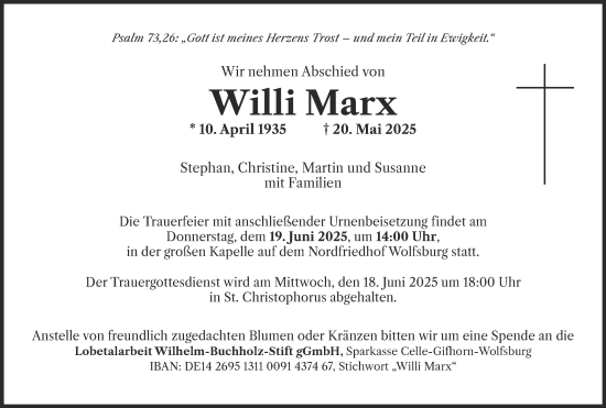 Traueranzeige von Willi Marx 