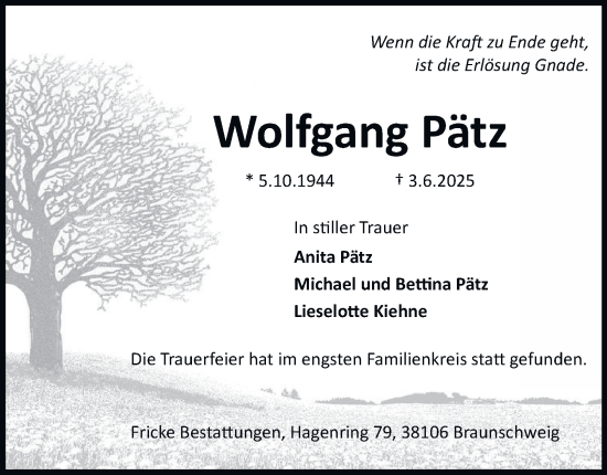 Traueranzeige von Wolfgang Pätz von Salzgitter-Zeitung