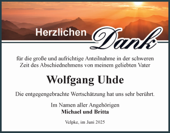 Traueranzeige von Wolfgang Uhde von Helmstedter Nachrichten