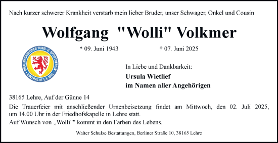 Traueranzeige von Wolfgang Volkmer 