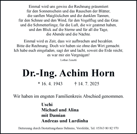 Traueranzeige von Achim Horn von Braunschweiger Zeitung, Wolfsburger Nachrichten