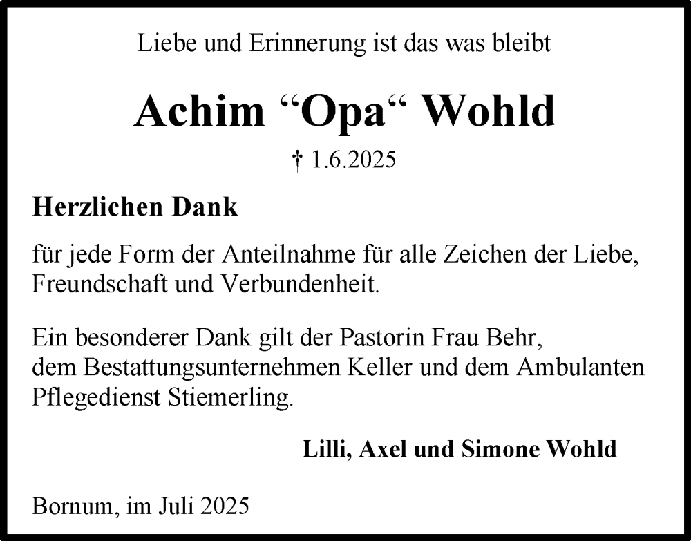  Traueranzeige für Achim Wohld vom 19.07.2025 aus Helmstedter Nachrichten