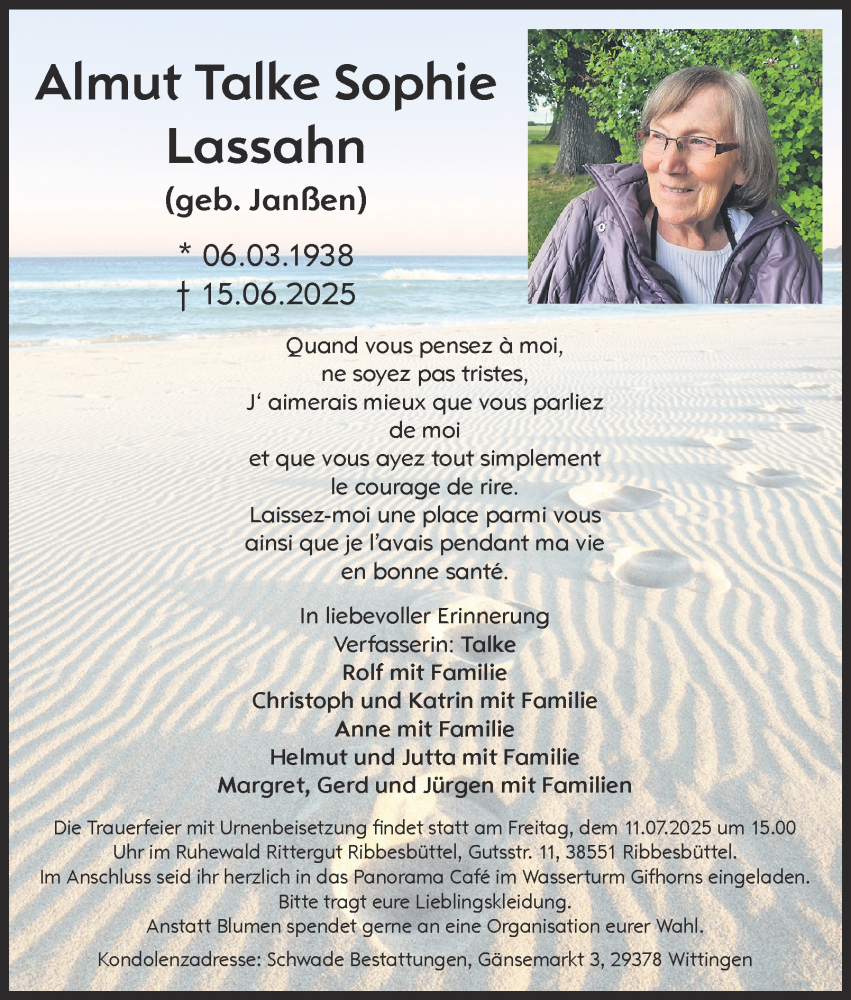 Traueranzeige für Almut Talke Sophie Lassahn vom 28.06.2025 aus Braunschweiger Zeitung