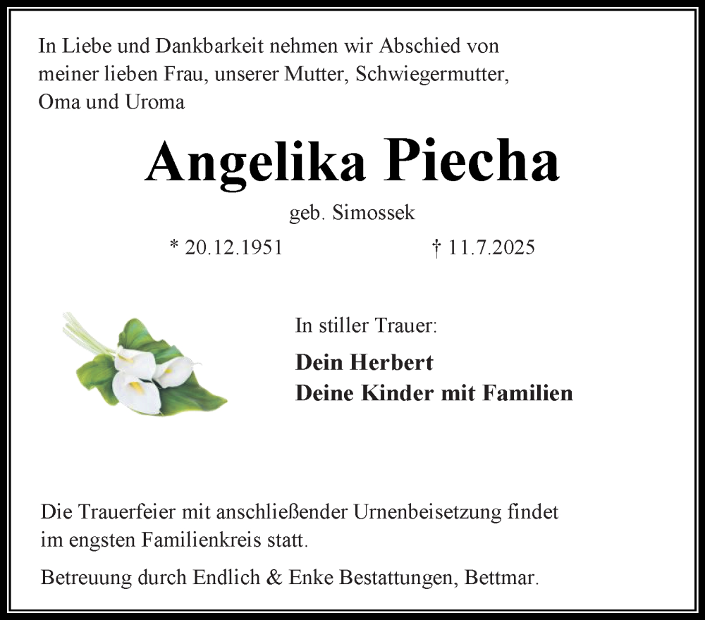  Traueranzeige für Angelika Piecha vom 19.07.2025 aus Peiner Nachrichten