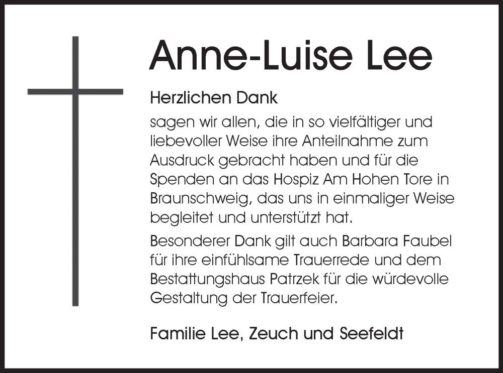  Traueranzeige für Anne-Luise Lee vom 12.07.2025 aus Neue Braunschweiger am Samstag