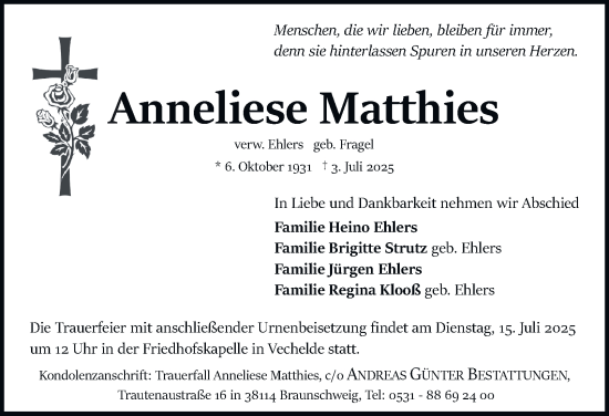 Traueranzeige von Anneliese Matthies von Peiner Nachrichten