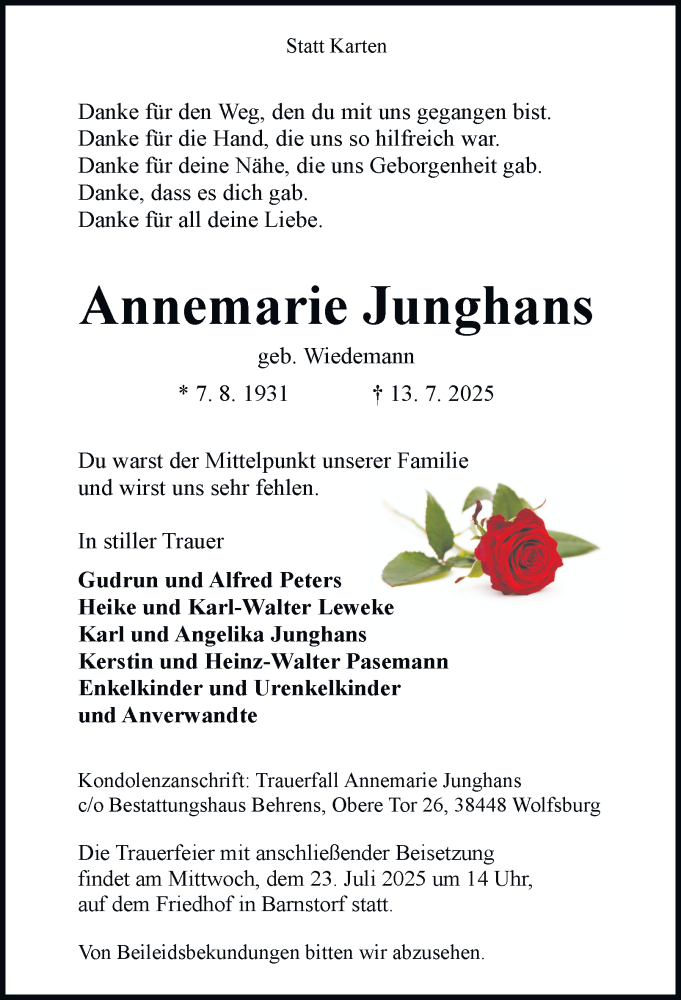  Traueranzeige für Annemarie Junghans vom 19.07.2025 aus Braunschweiger Zeitung, Wolfsburger Nachrichten