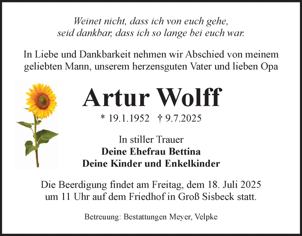  Traueranzeige für Artur Wolff vom 15.07.2025 aus Helmstedter Nachrichten