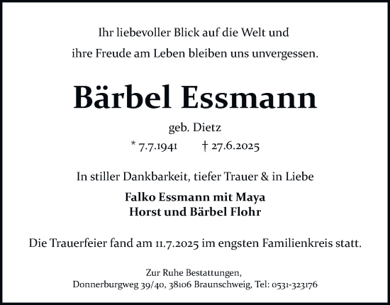 Traueranzeige von Bärbel Essmann von Braunschweiger Zeitung