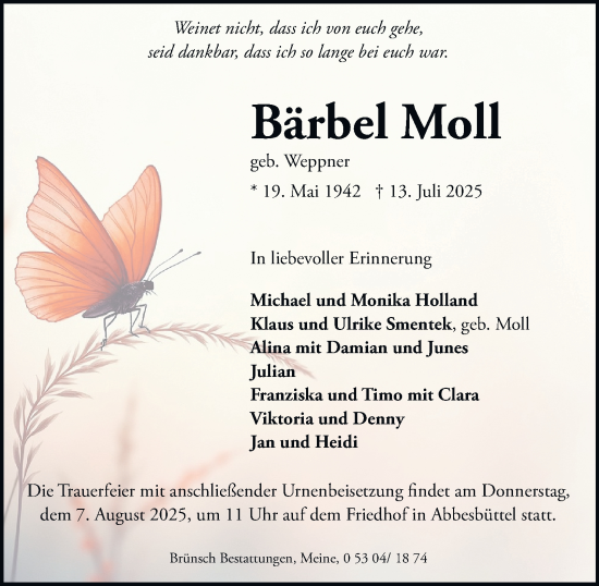 Traueranzeige von Bärbel Moll von Braunschweiger Zeitung