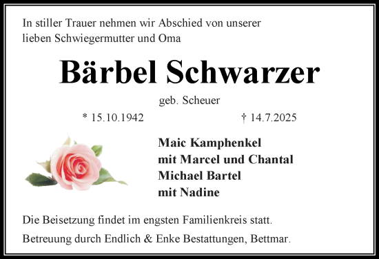 Traueranzeige von Bärbel Schwarzer von Braunschweiger Zeitung