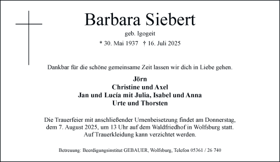 Traueranzeige von Barbara Siebert von Braunschweiger Zeitung, Wolfsburger Nachrichten