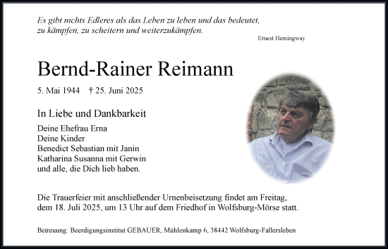 Traueranzeige von Bernd-Rainer Reimann 