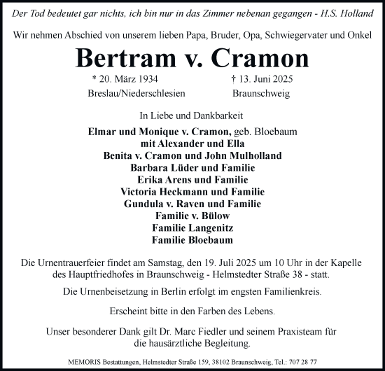 Traueranzeige von Bertram v. Cramon 