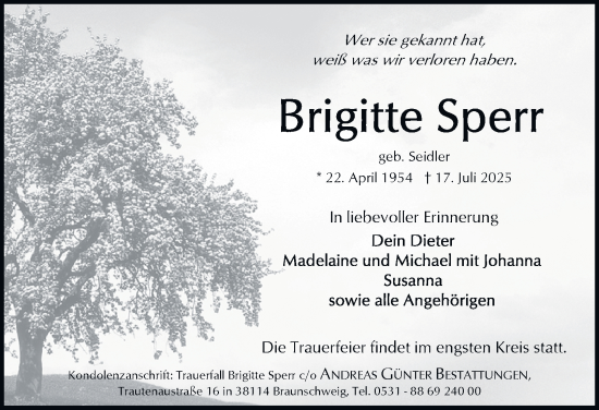 Traueranzeige von Brigitte Sperr von Braunschweiger Zeitung