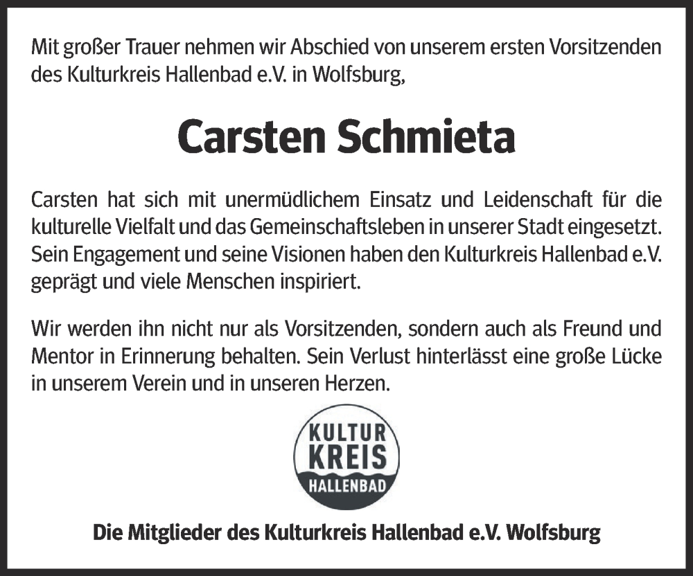  Traueranzeige für Carsten Schmieta vom 19.07.2025 aus Braunschweiger Zeitung, Wolfsburger Nachrichten