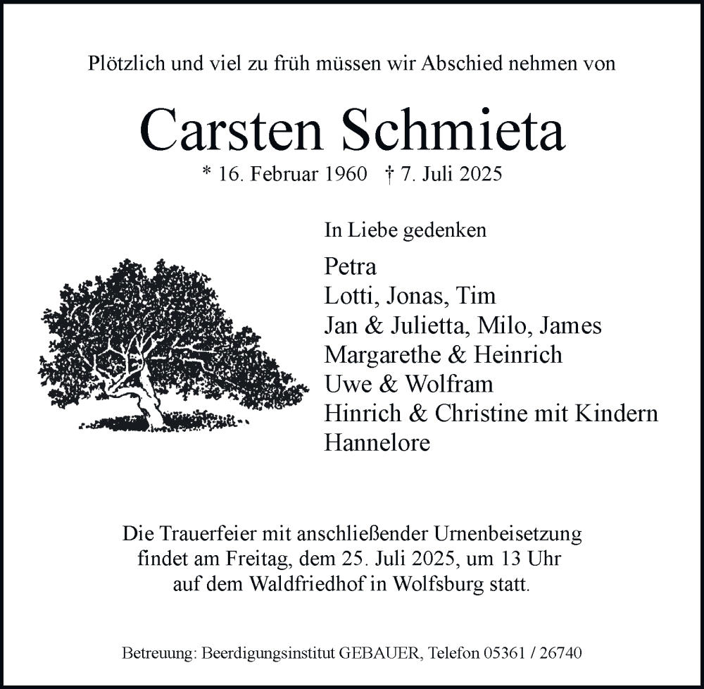  Traueranzeige für Carsten Schmieta vom 12.07.2025 aus Braunschweiger Zeitung, Wolfsburger Nachrichten