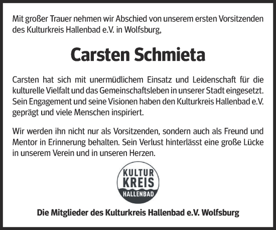 Traueranzeige von Carsten Schmieta von Braunschweiger Zeitung, Wolfsburger Nachrichten