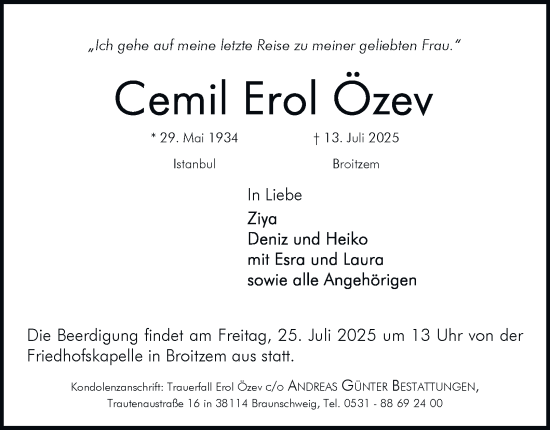 Traueranzeige von Cemil Erol Özev von Braunschweiger Zeitung