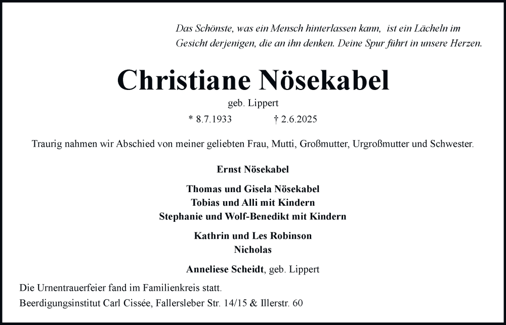  Traueranzeige für Christiane Nösekabel vom 28.06.2025 aus Braunschweiger Zeitung