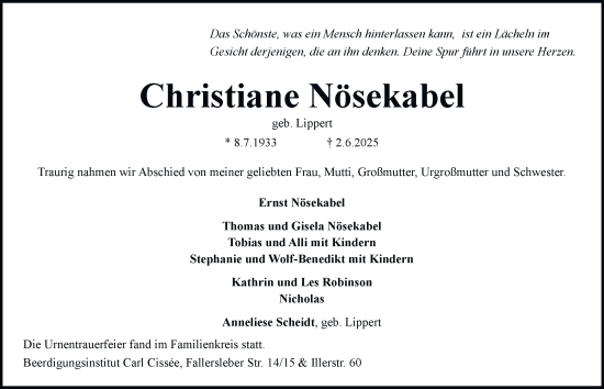 Traueranzeige von Christiane Nösekabel von Braunschweiger Zeitung