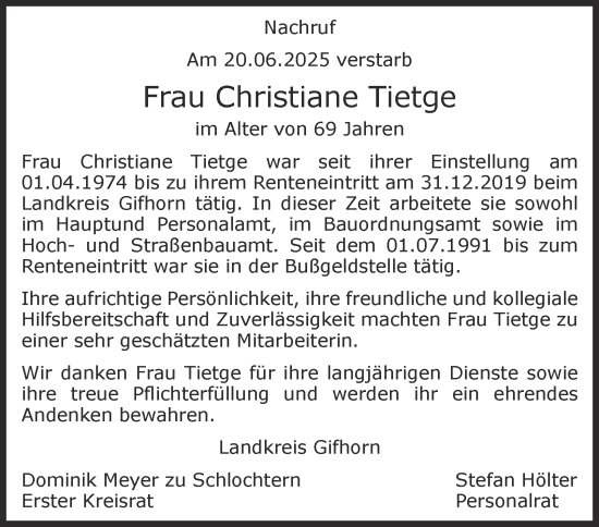 Traueranzeige von Christiane Tietge von Braunschweiger Zeitung, Wolfsburger Nachrichten
