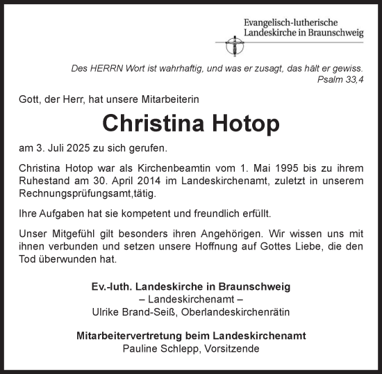 Traueranzeige von Christina Hotop von Braunschweiger Zeitung