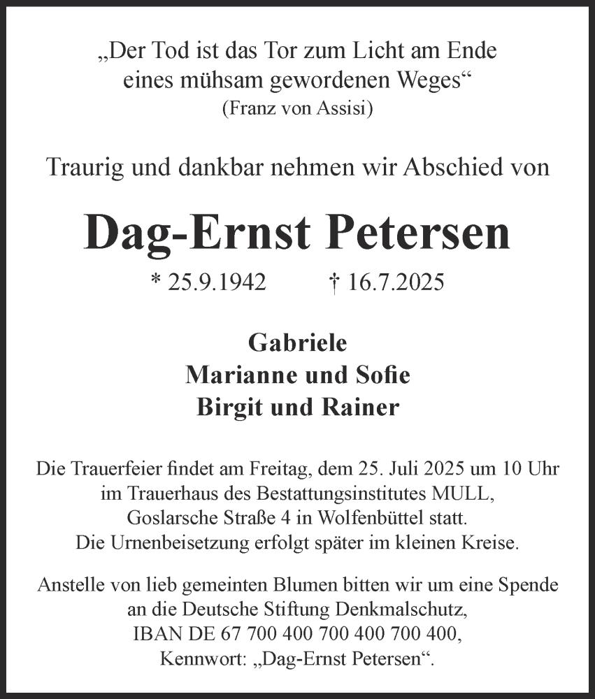  Traueranzeige für Dag-Ernst Petersen vom 19.07.2025 aus Wolfenbütteler Zeitung