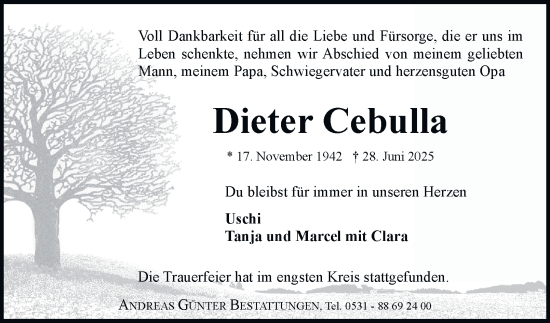 Traueranzeige von Dieter Cebulla von Braunschweiger Zeitung