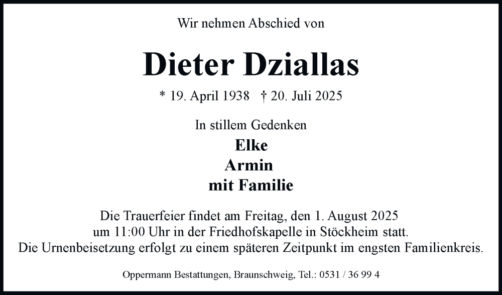  Traueranzeige für Dieter Dziallas vom 26.07.2025 aus Braunschweiger Zeitung
