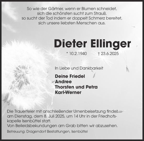 Traueranzeige von Dieter Ellinger von Braunschweiger Zeitung, Wolfsburger Nachrichten