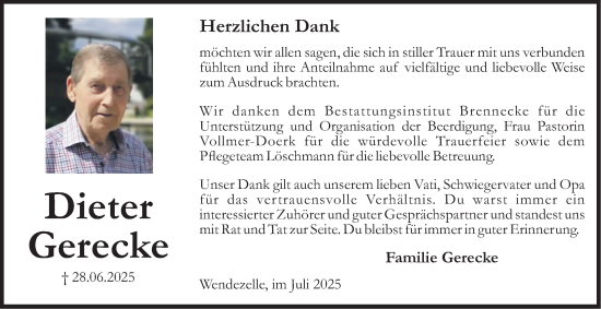 Traueranzeige von Dieter Gerecke von Braunschweiger Zeitung